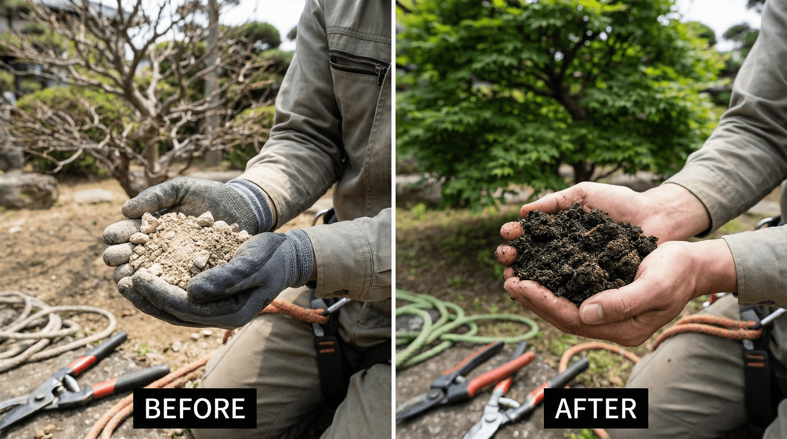 樹木治療の前後比較と土壌調査